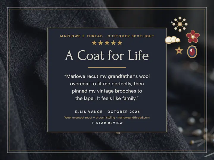 Marlowe overcoat review slide, brooches: tailor review slide template