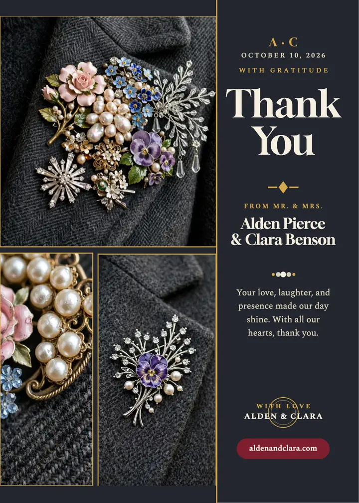 Brooch cluster thank you invite, Alden and Clara template