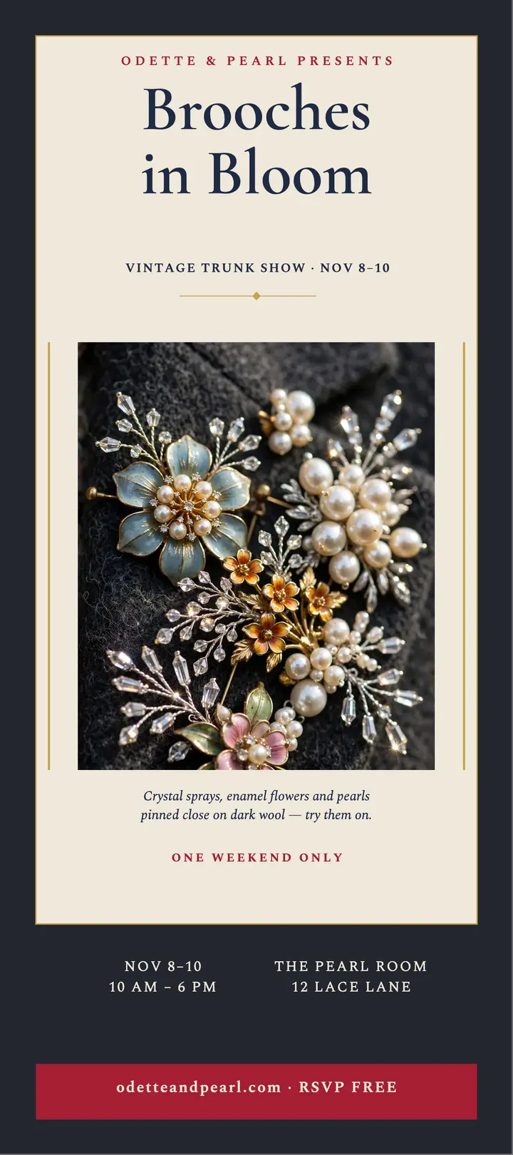 Odette and Pearl brooch trunk show card template