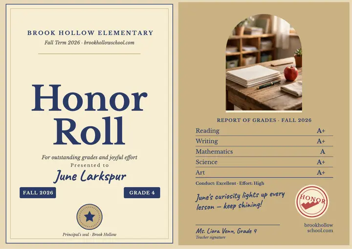 Brook Hollow honor roll report certificate template