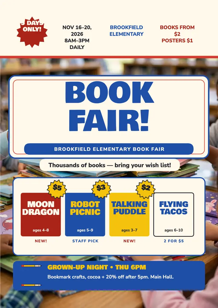 Brookfield Elementary Book Fair flyer template