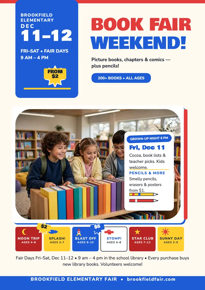 Brookfield Elementary Fair book fair flyer template