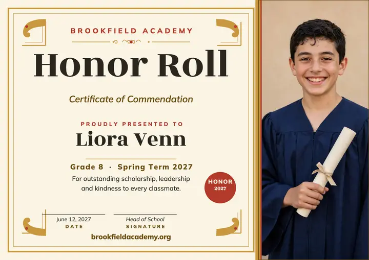 Brookfield Academy honor roll certificate template