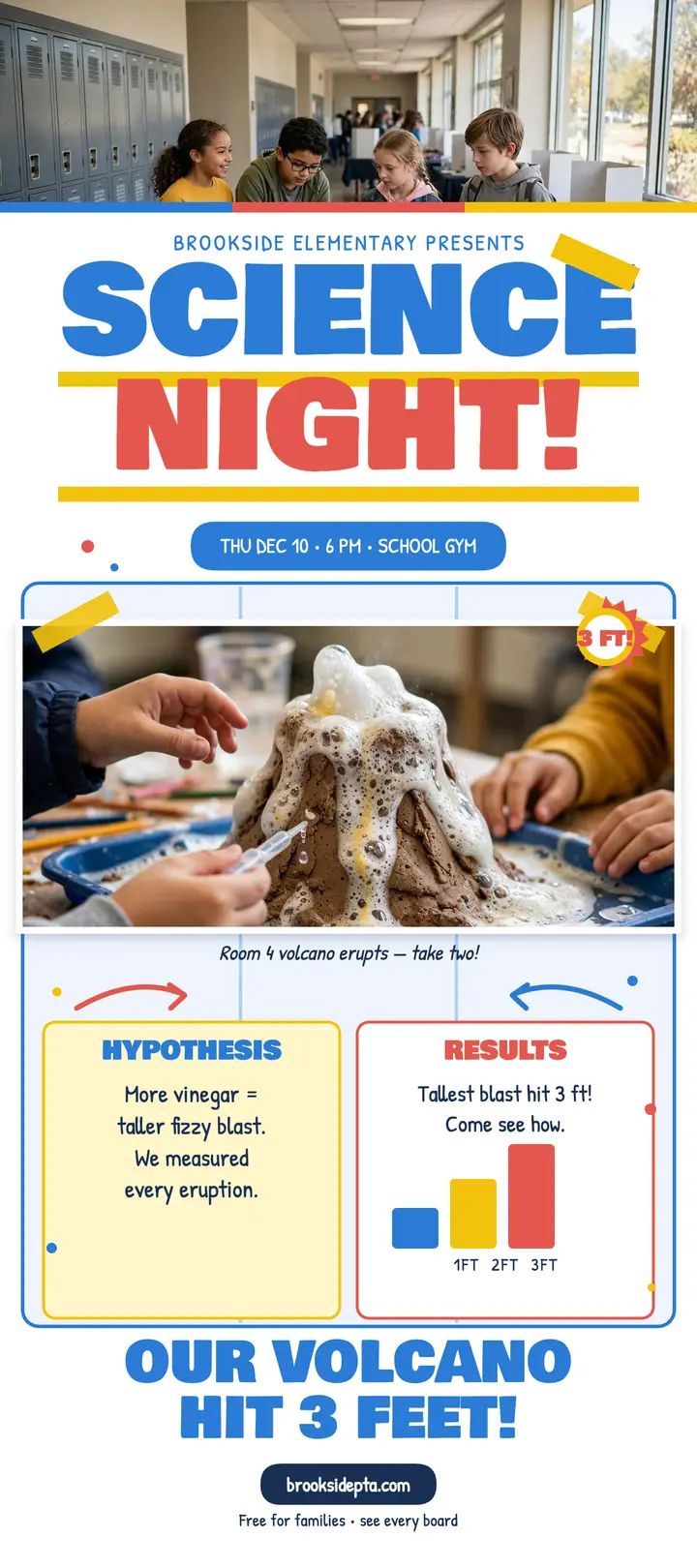 Brookside science night rack card, volcano results: science night rack card template