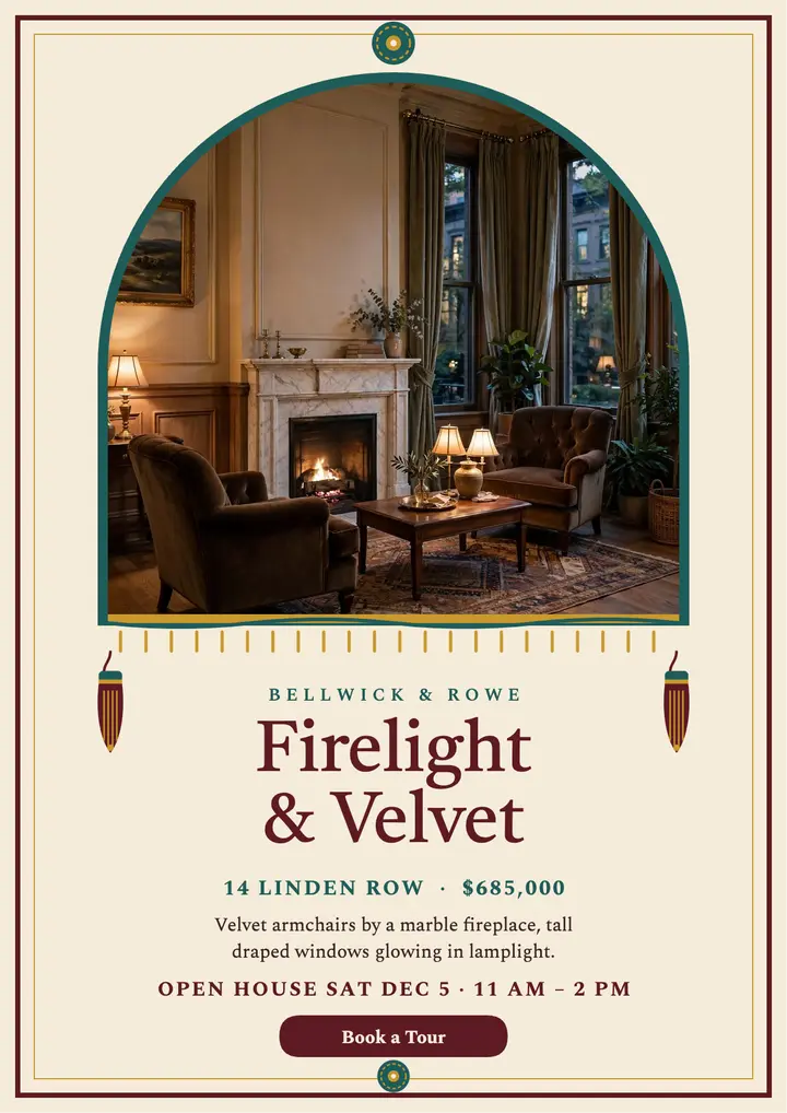 Linden Row parlor open house flyer: brownstone open house flyer template