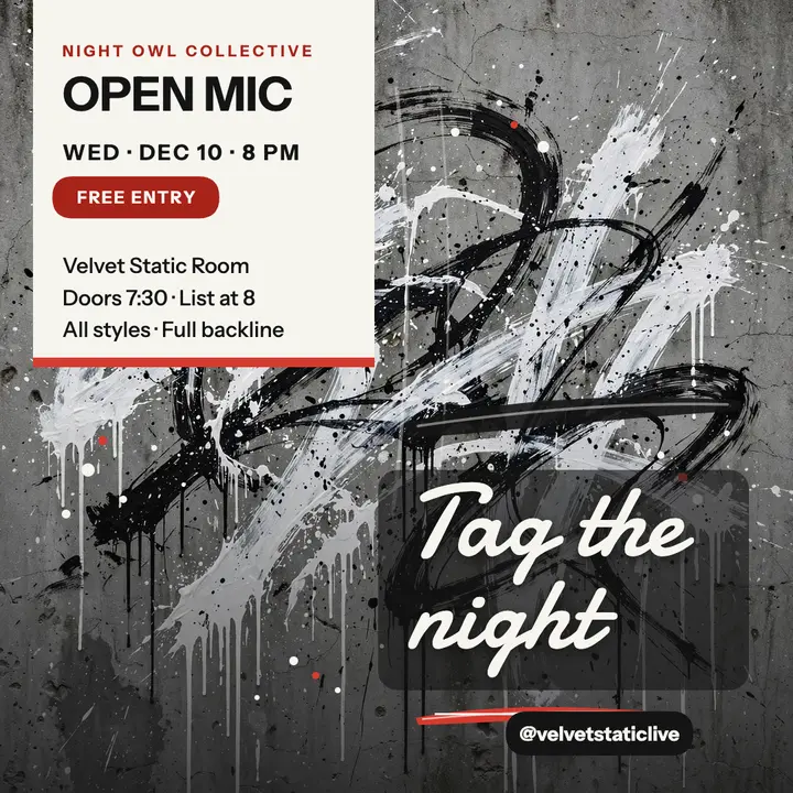 Velvet Static open mic tag wall post template
