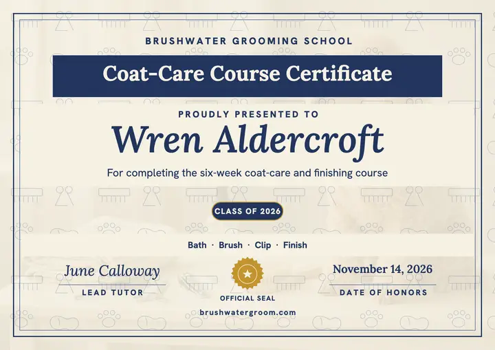 Brushwater grooming course certificate template