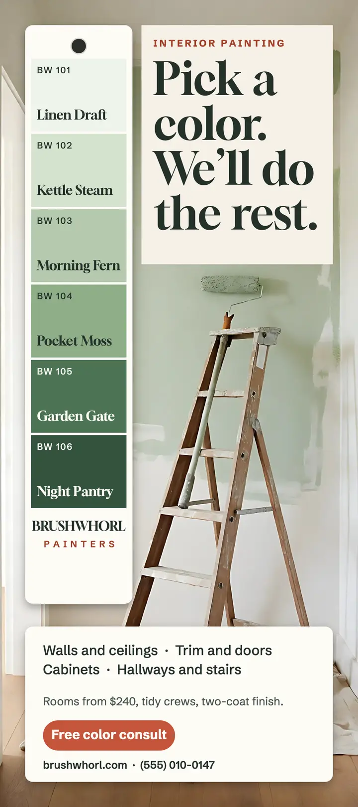 Brushwhorl Painters interior painting rack card: painter rack card template