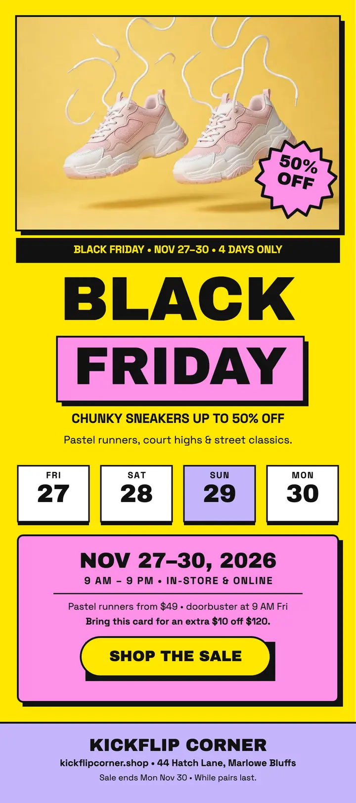 Kickflip Corner Black Friday rack card: black friday sneaker sale rack card template