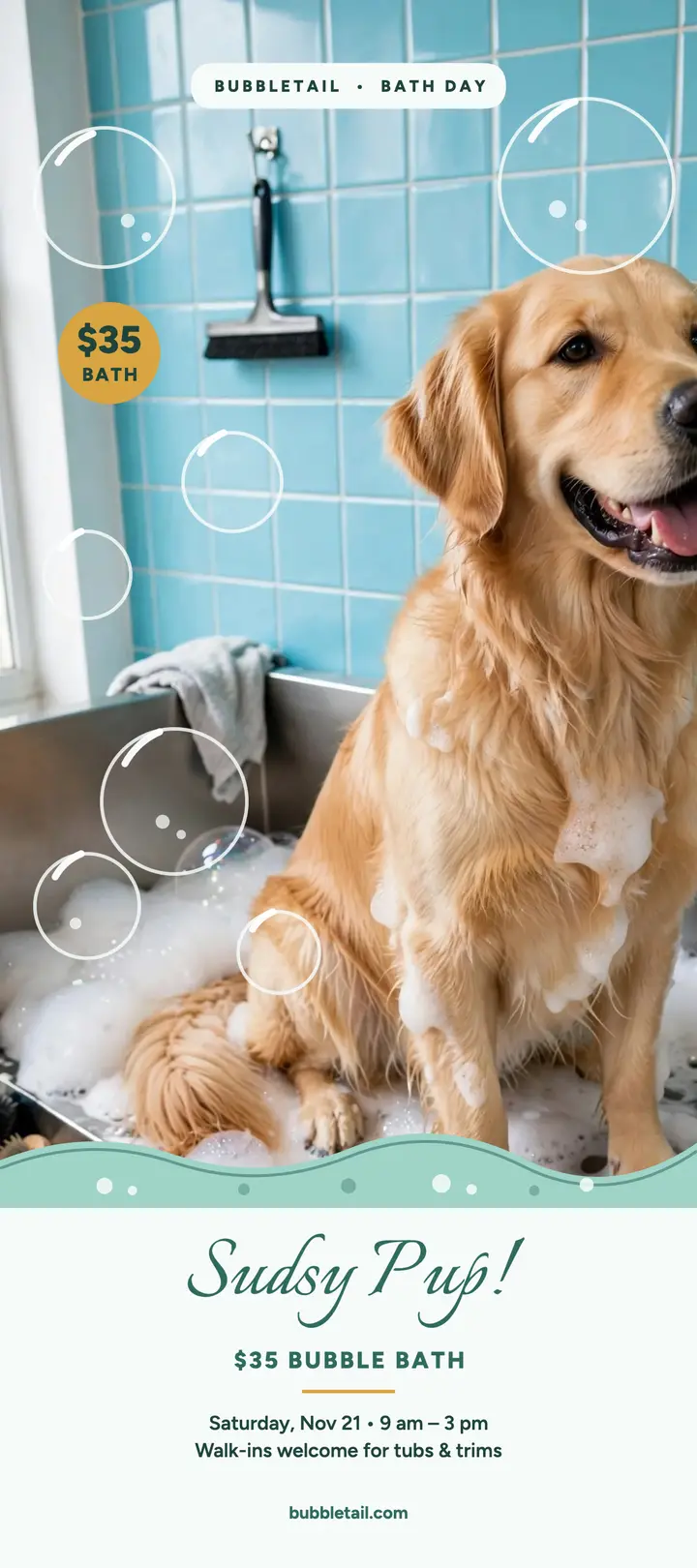 Bubbletail bubbly bath day rack card: dog bath rack card template