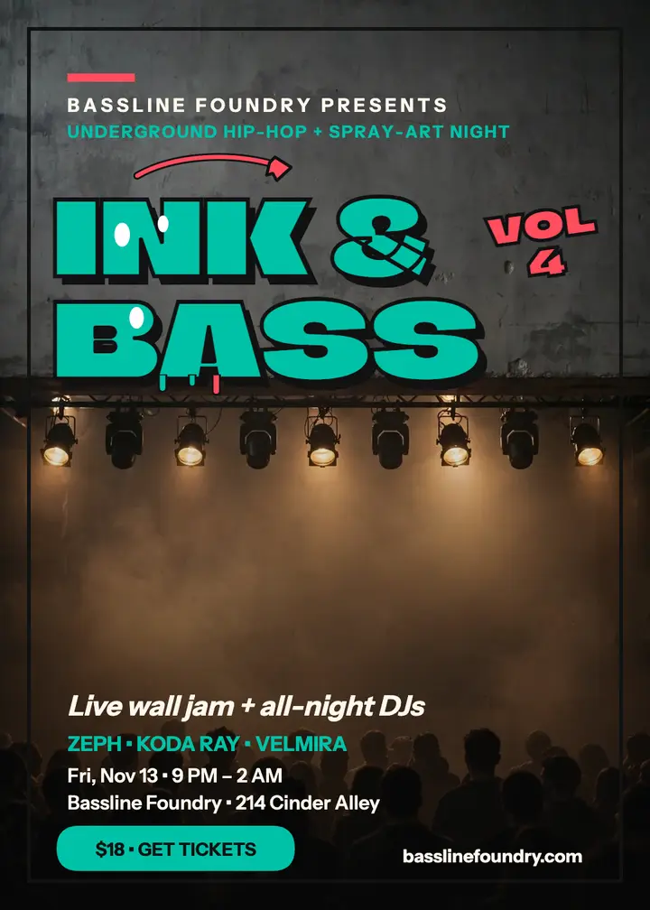 Ink and Bass bubble-letter night invitation: hip-hop night invitation template