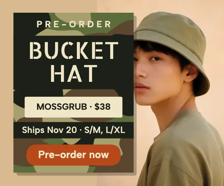 Mossgrub camo bucket hat pre-order ad template