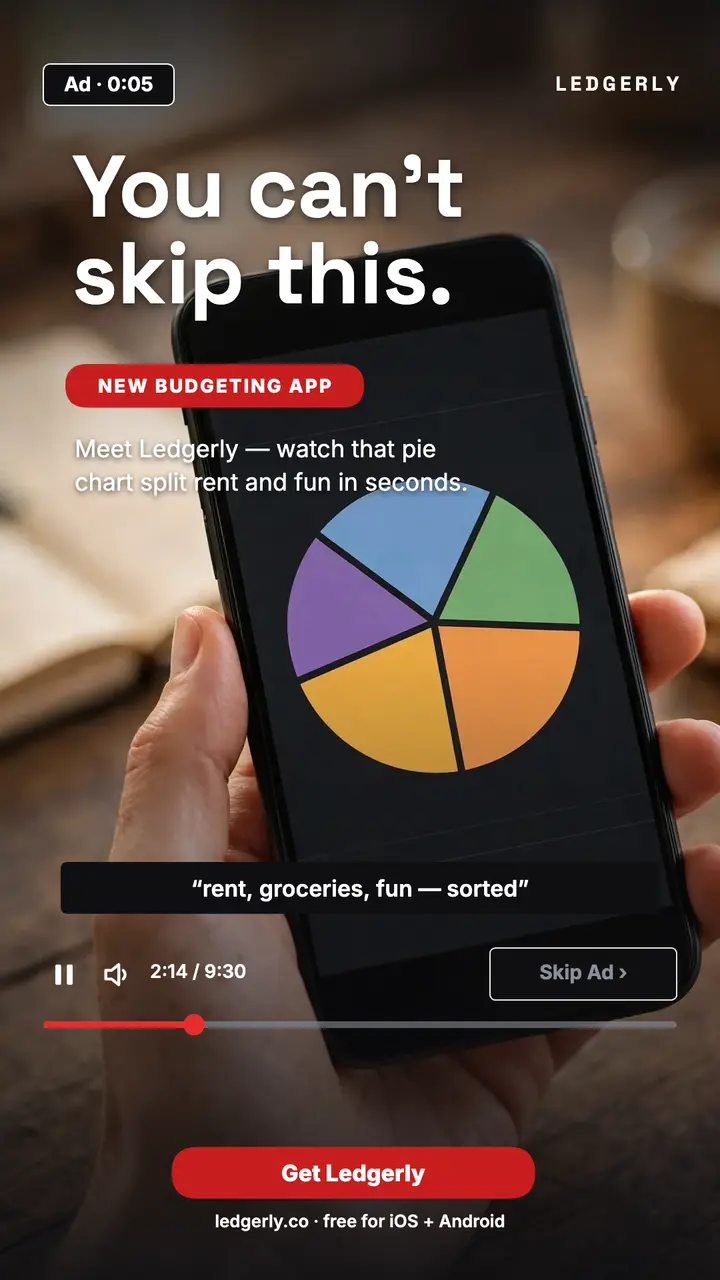 Ledgerly budgeting app skip ad story template