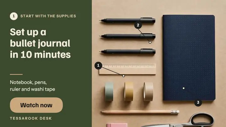Bullet journal setup thumbnail, knolling flat-lay template