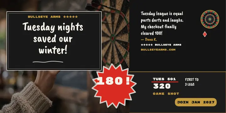 Bullseye Arms League darts review post: darts league review post template
