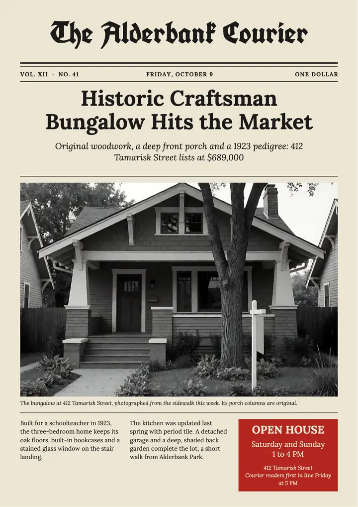 Alderbank Courier bungalow open house flyer template