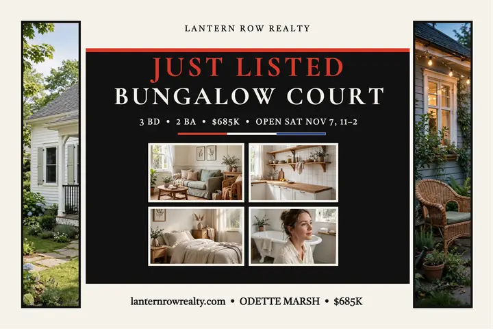 Bungalow court just listed wave postcard: just listed postcard template