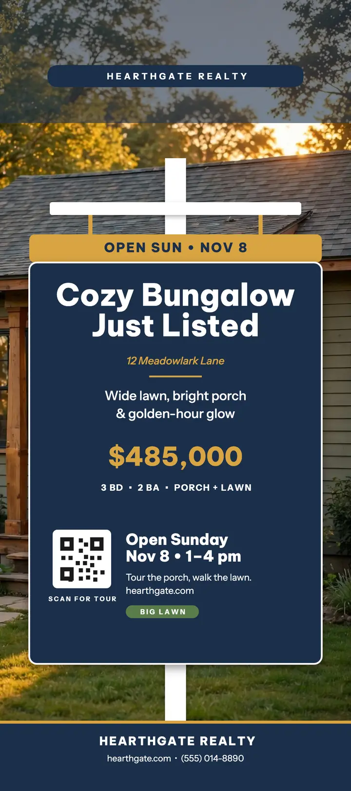 Cozy bungalow open Sunday rack card template