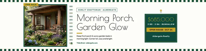 Aldergate sunlit bungalow secession banner: bungalow listing banner template