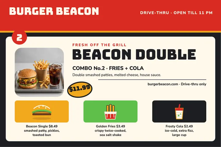 Burger Beacon drive-thru menu postcard template