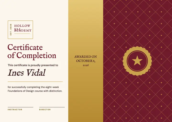 Burgundy and gold certificate of completion template