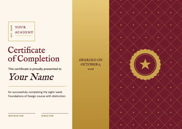 Burgundy and gold certificate of completion template