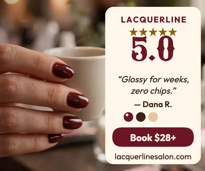 Lacquerline burgundy manicure review ad template