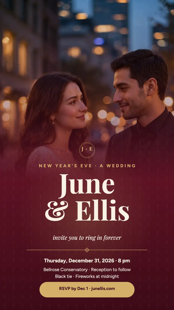 June and Ellis New Year's Eve velvet invitation template