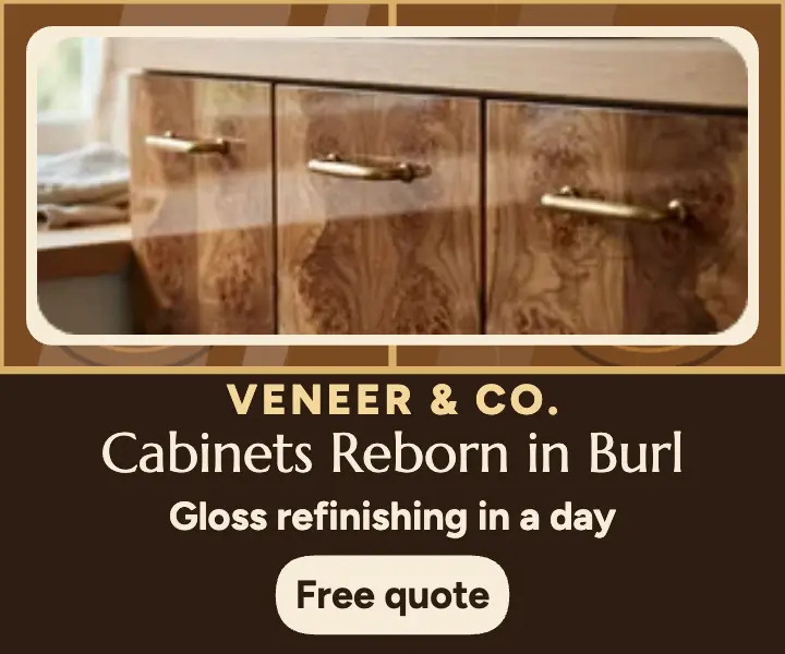 Veneer and Co gloss burl cabinet ad template