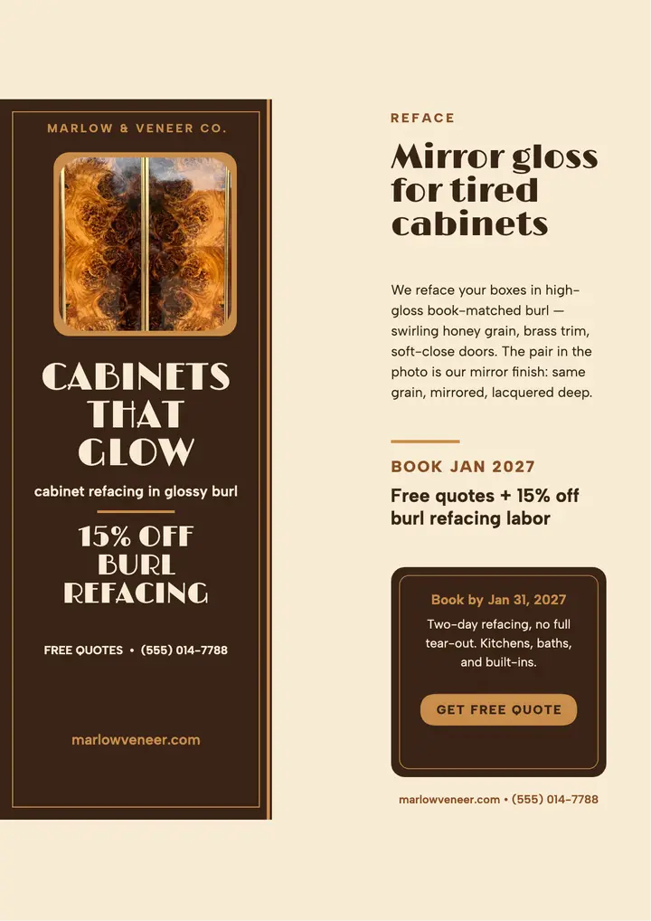 Marlow burl cabinet refacing flyer: cabinet refacing flyer template