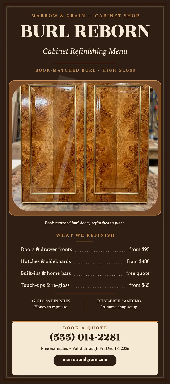 Marrow and Grain burl refinish rack card template