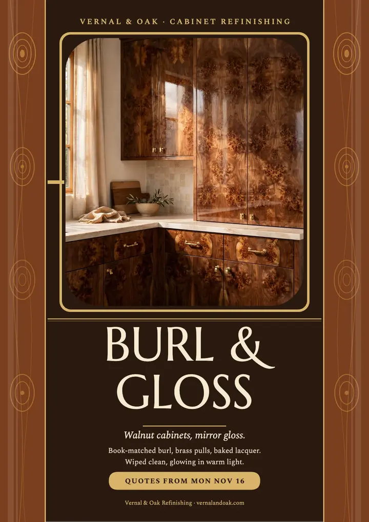 Vernal and Oak burl cabinet flyer template