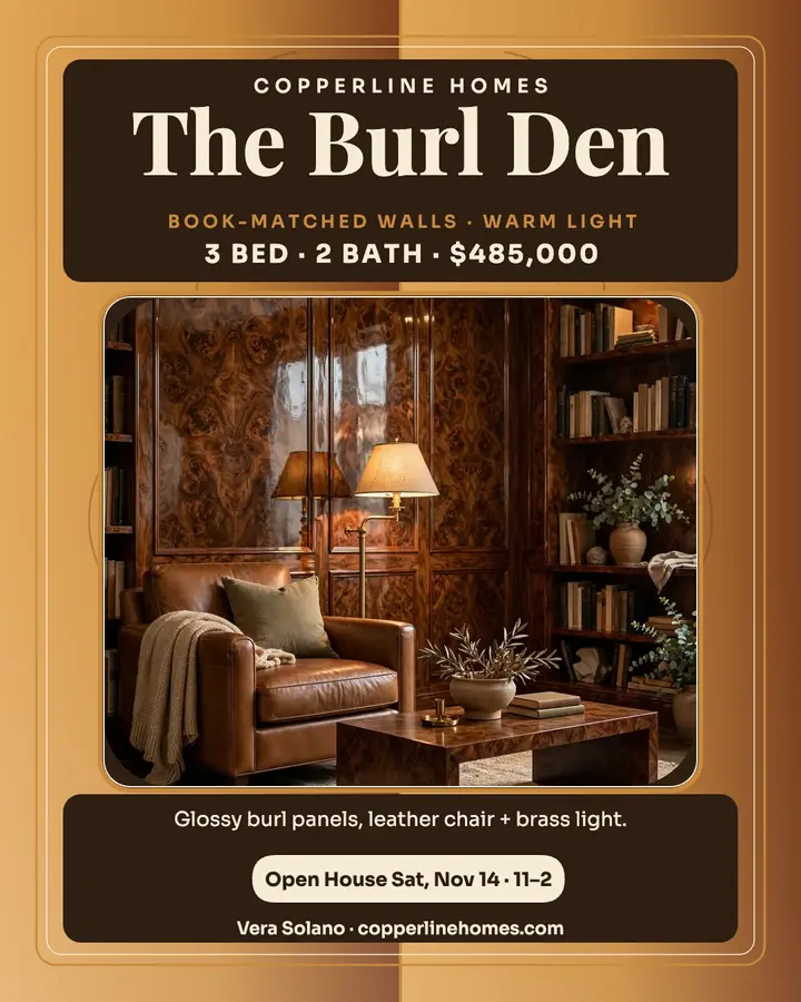 Burl den listing, Copperline Homes template