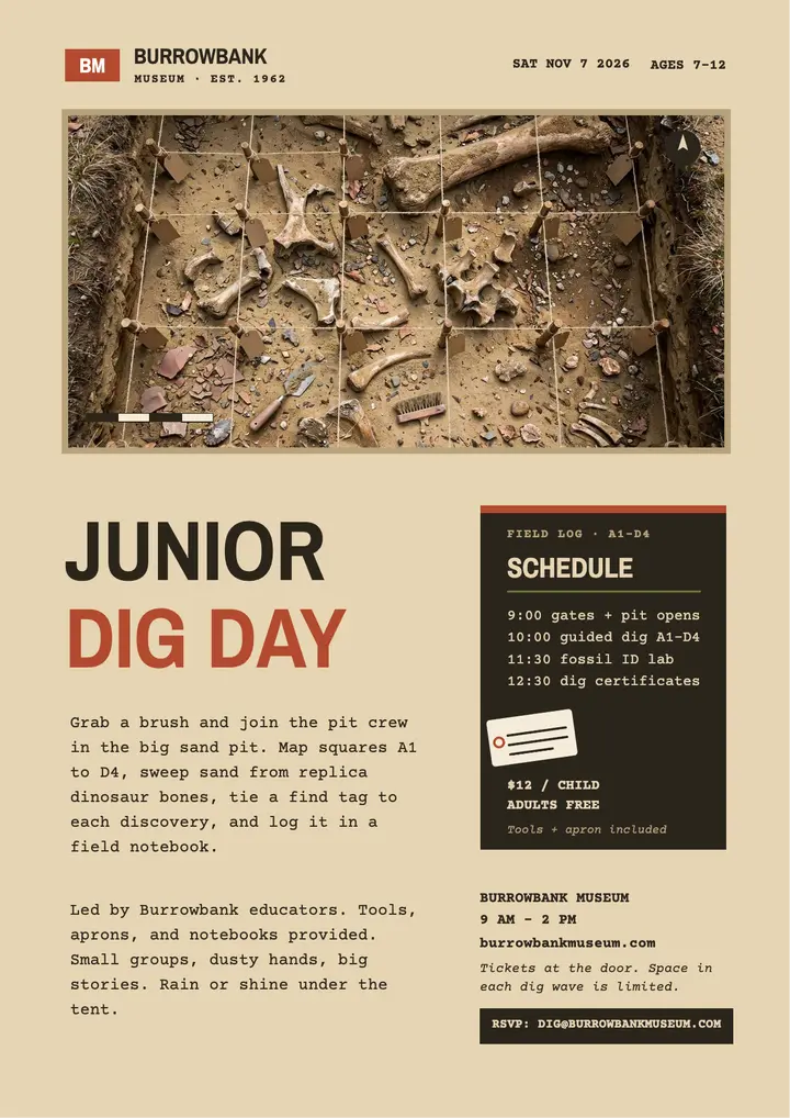 Burrowbank Museum junior dig day flyer template