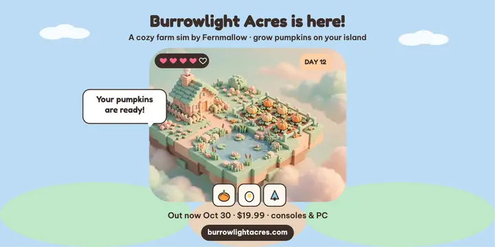 Burrowlight Acres cozy farm launch post template