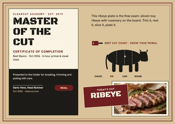 Clearcut butcher masterclass certificate: butcher class certificate template