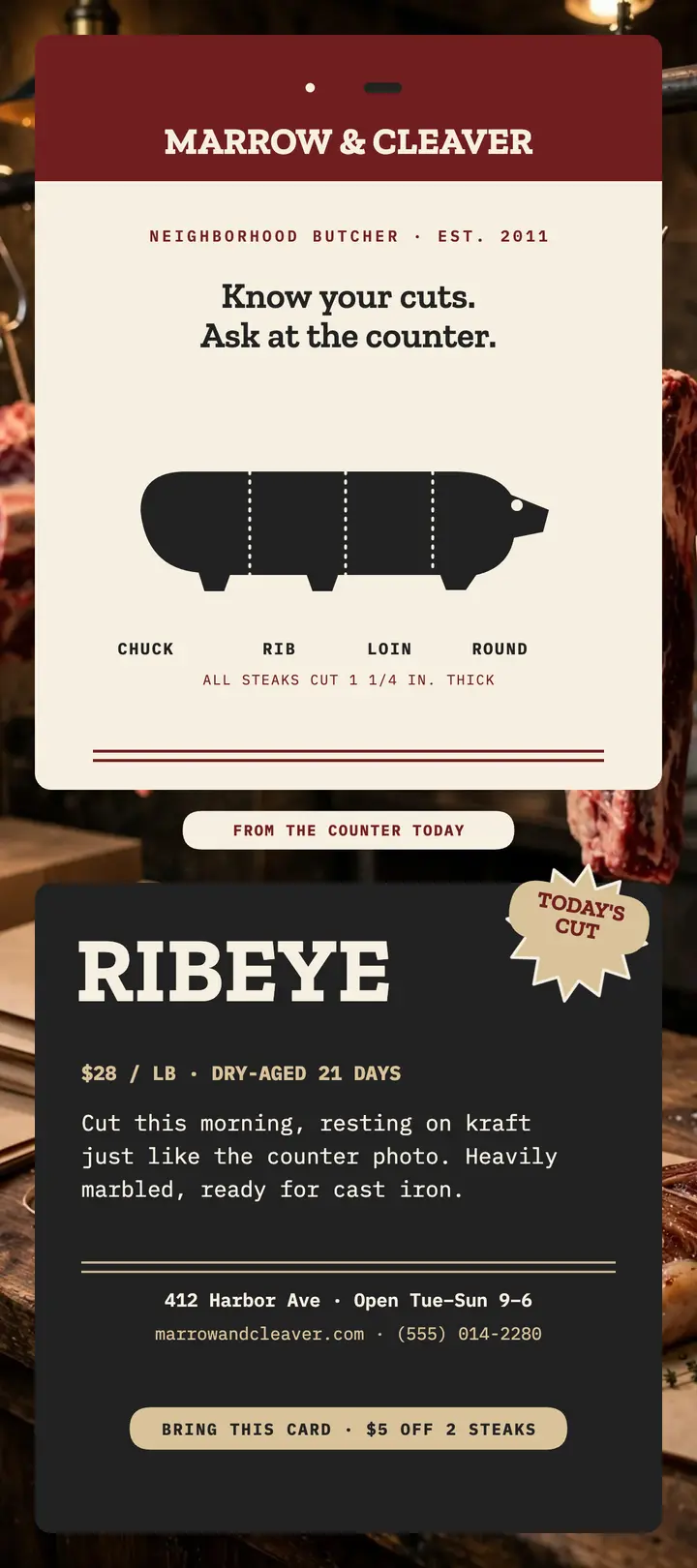 Marrow and Cleaver cut chart rack card template