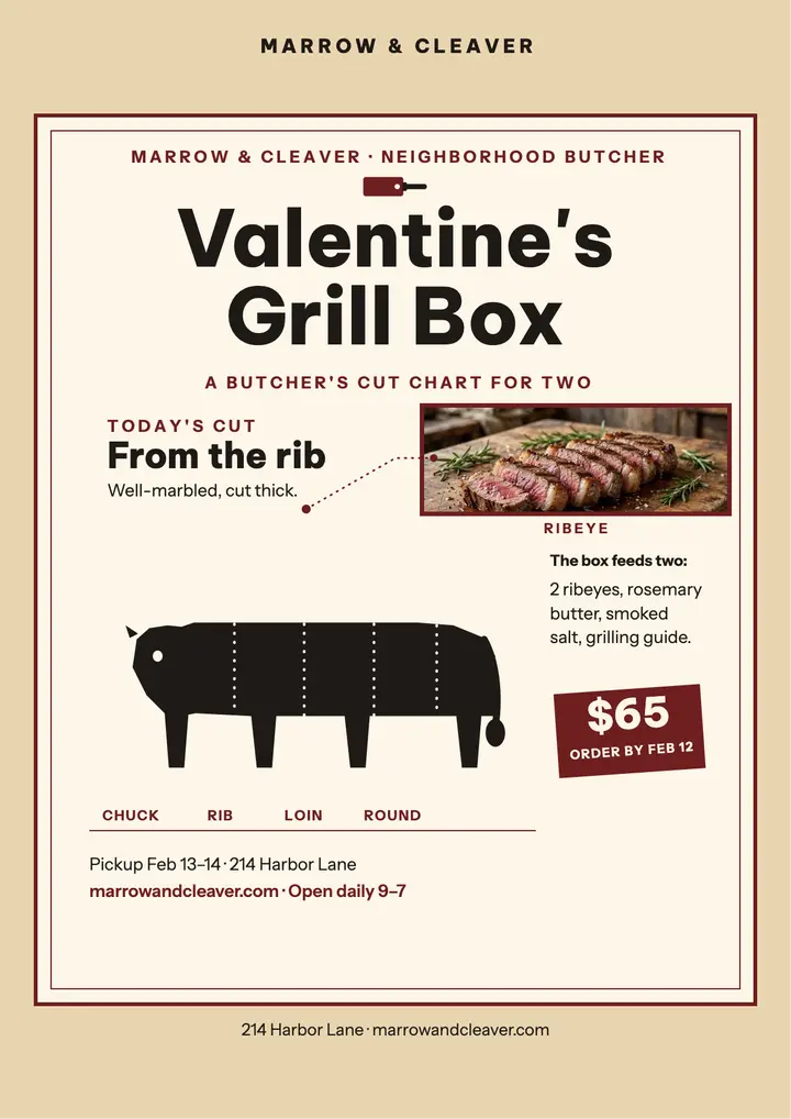 Marrow and Cleaver Valentine grill box flyer template