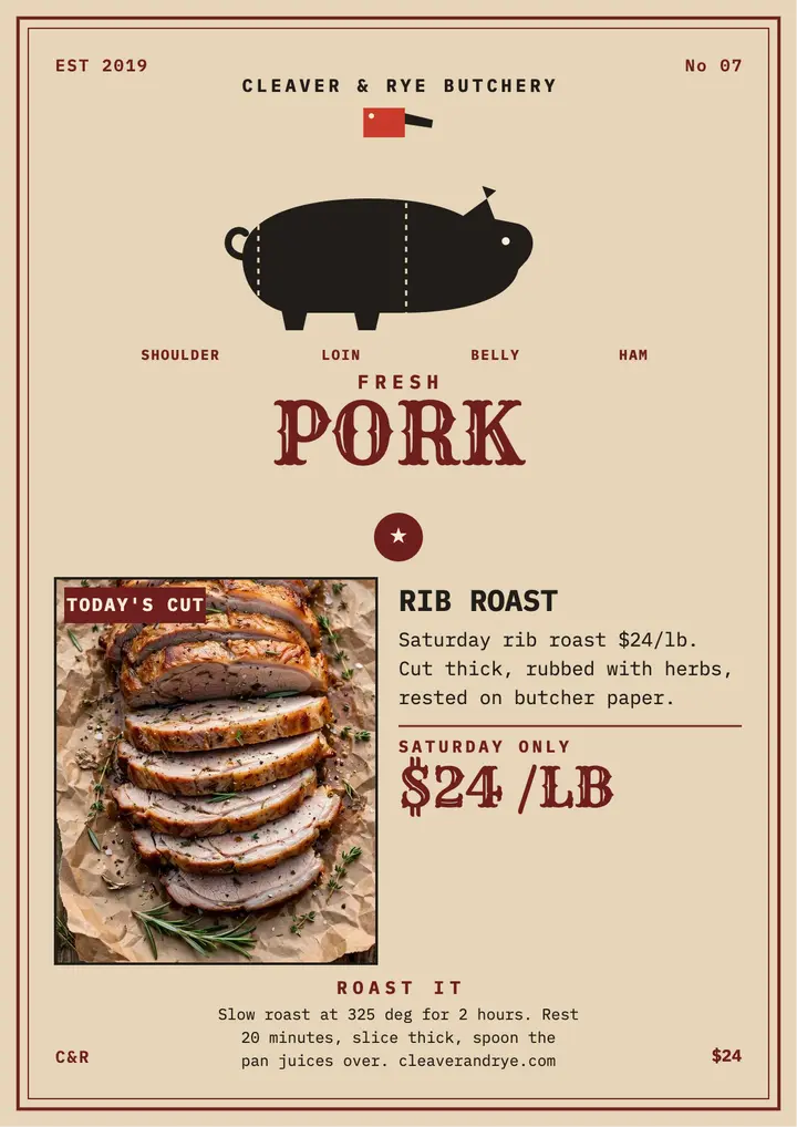 Cleaver and Rye pork cuts flyer: butcher pork cuts flyer template