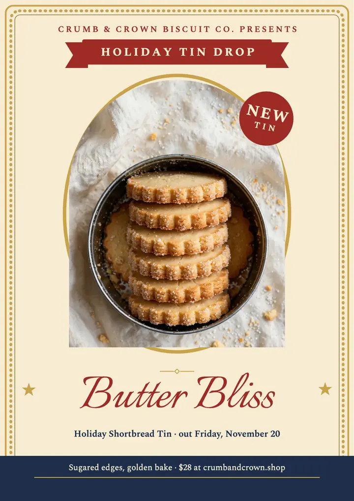 Crumb and Crown holiday tin drop flyer: cookie tin launch flyer template