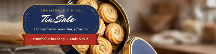 Crumbelle holiday tin sale banner: cookie tin sale banner template