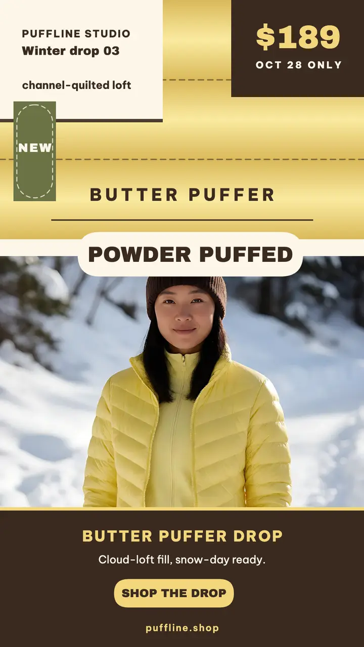 Butter puffer drop story: puffer jacket drop story template