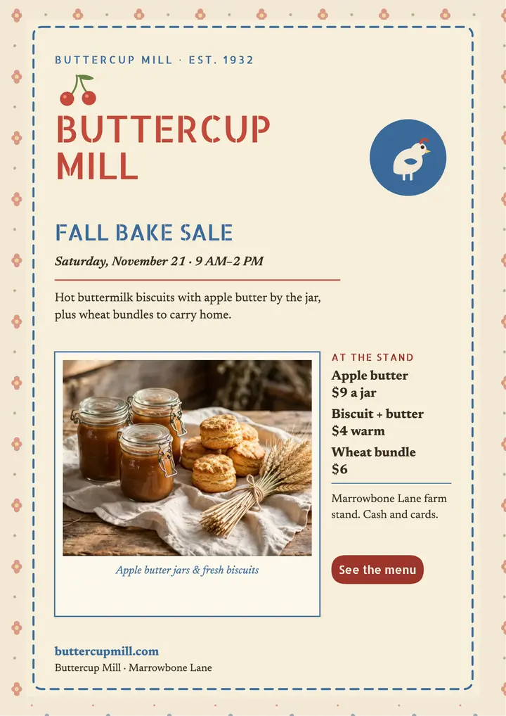 Buttercup Mill fall bake sale flyer template