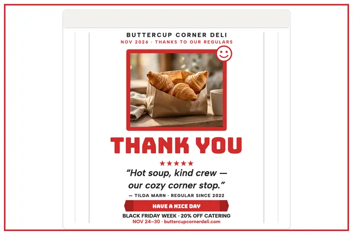 Buttercup Corner Deli thank-you review postcard template