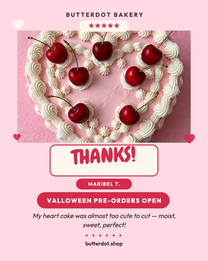 Butterdot Bakery heart cake review post: bakery thank you card template