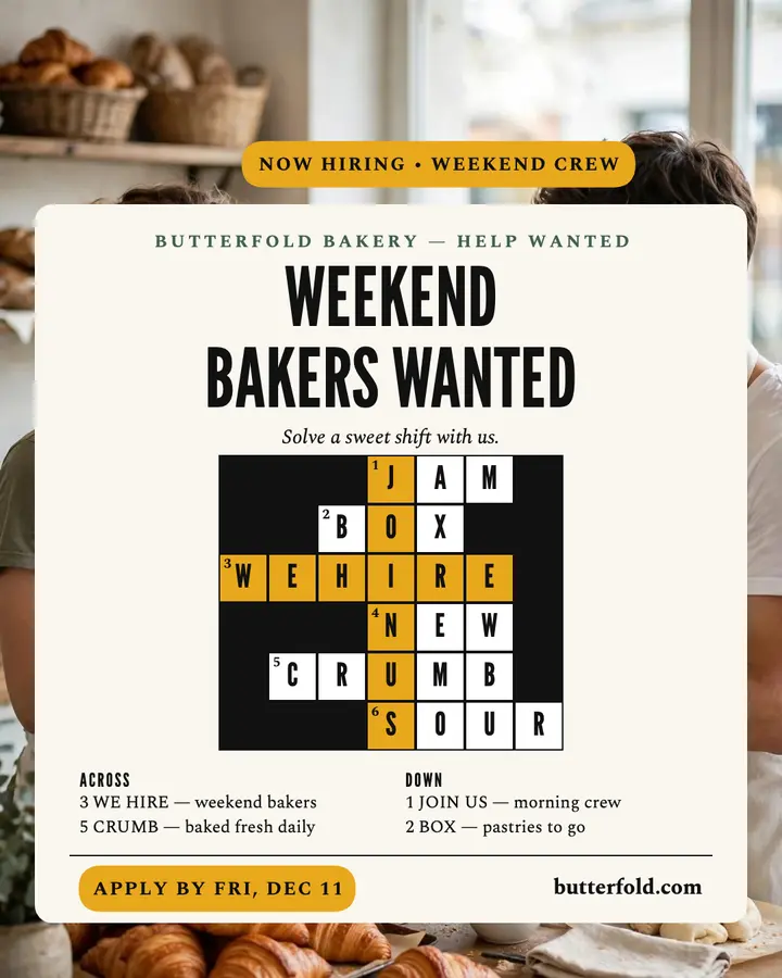Butterfold Bakery crossword hiring post template