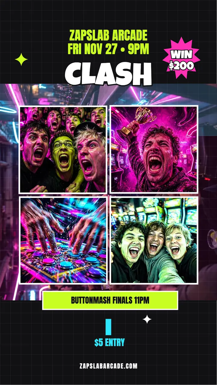 Buttonmash Clash arcade night story: arcade tournament story template
