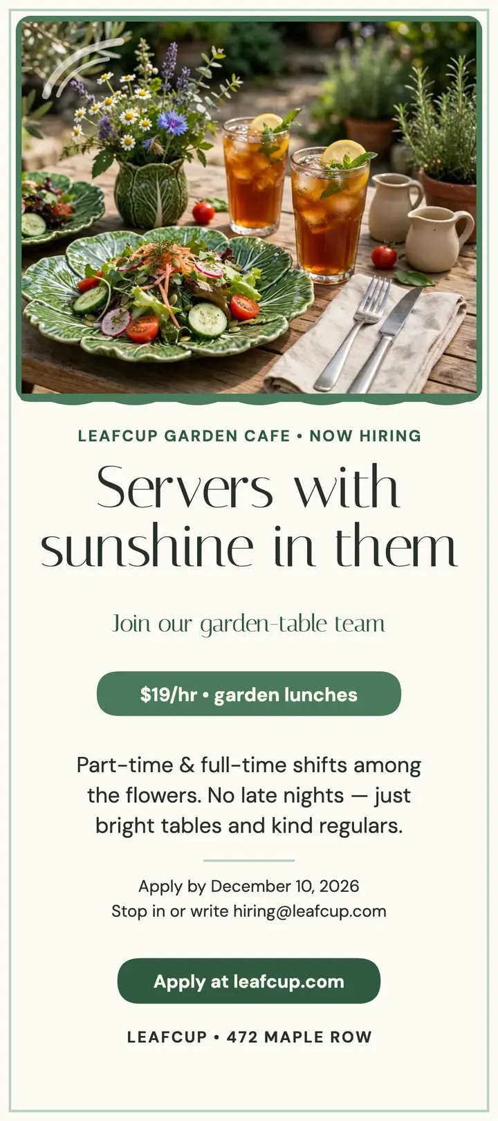Leafcup garden cafe servers hiring rack template