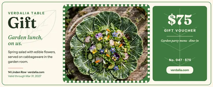Verdalia Table garden gift voucher: restaurant gift voucher template