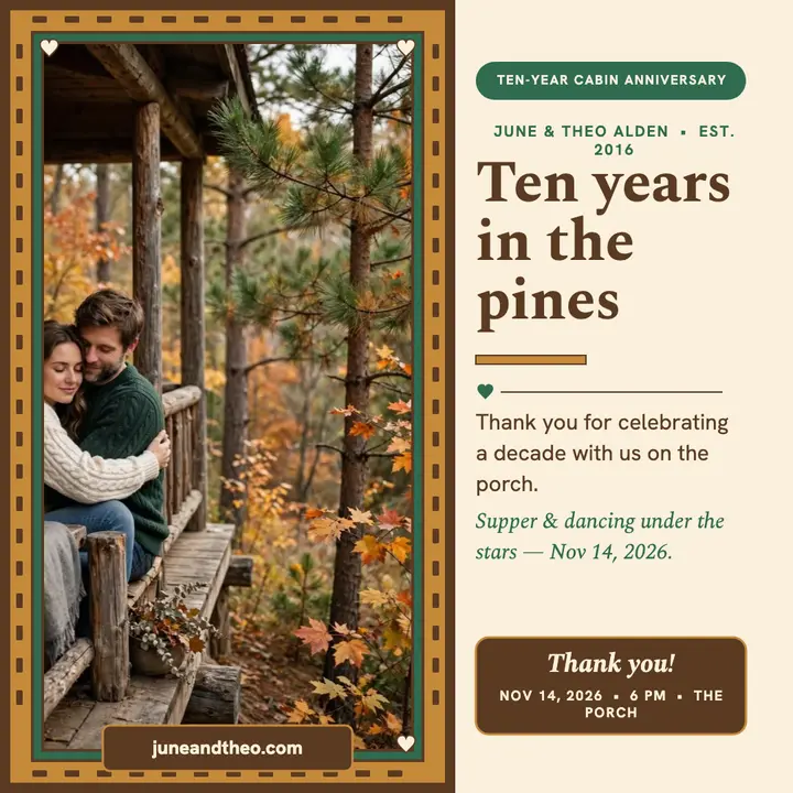 June and Theo cabin ten-year thank-you post: cabin anniversary post template